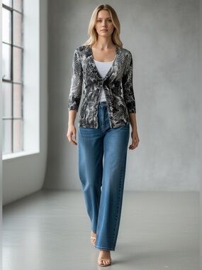 Ricki’s Grey Snakeskin Print Cardigan V-Neck Button Front Fitted 3/4 Sleeves XS